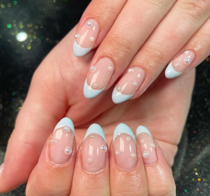 Baby blue French tips with pearls, the perfect baby shower nail ideas