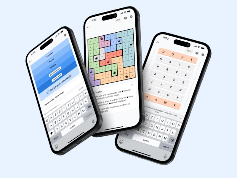 phones displaying three games on LinkedIn