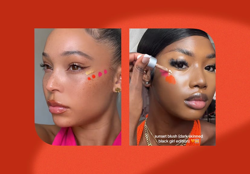 Split image showing two women applying sunset-hued blush, with tutorial text suggesting a makeup tec...