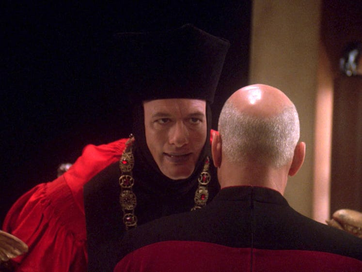 Q (John de Lancie) and Picard (Patrick Stewart) in "All Good Things..."