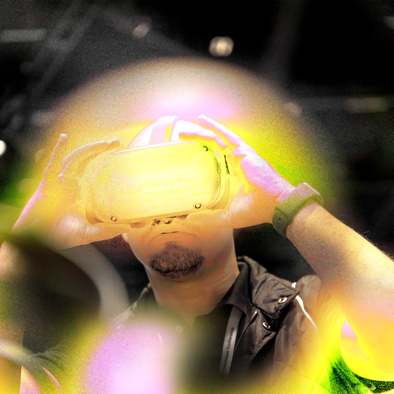 A man wearing the original Oculus Quest, a groundbreaking VR headset that untethered VR from a gamin...