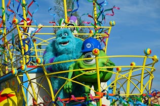 Mike and Sully from Monsters, Inc., during the "Better Together: A Pixar Pals Celebration!" parade i...