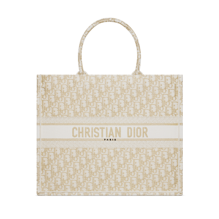 Large White and Gold-Tone Oblique Embroidered Book Tote
