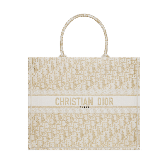Large White and Gold-Tone Oblique Embroidered Book Tote