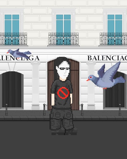 Pixel art of a person in a black anti-logo shirt in front of a Balenciaga store, with pigeons flying...