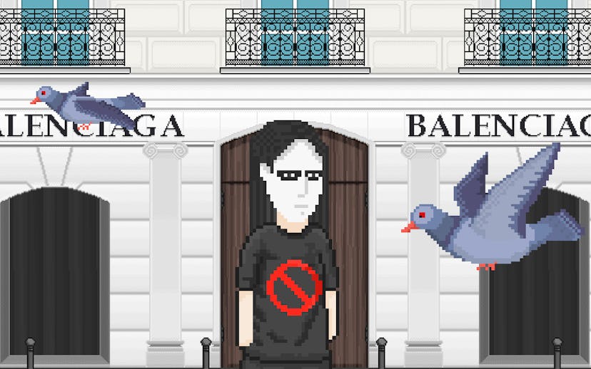 Pixel art of a person in a black anti-logo shirt in front of a Balenciaga store, with pigeons flying...