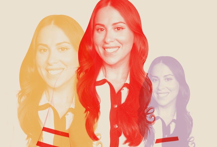 A portrait of Claudia Oshry, rendered in three different colors.