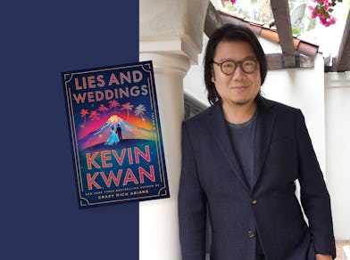 A photo of Kevin Kwan, wearing circular glasses and a blazer, next to the cover of 'Lies and Wedding...
