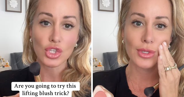 TikTok beauty hack for using blush to lift your cheek bones.