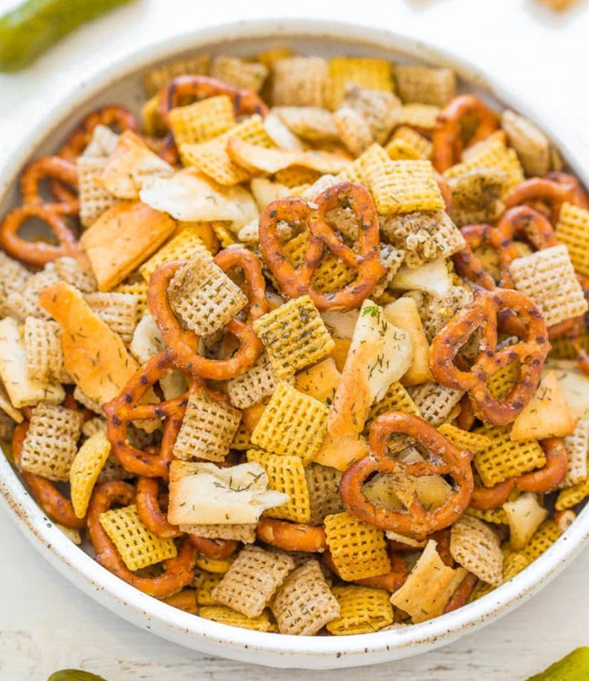 Dill pickle snack mix is one of the best slumber party snacks to make.
