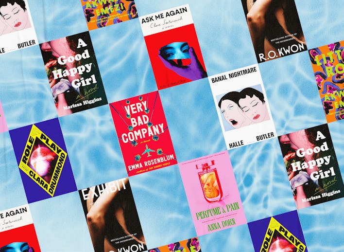 A collage of various colorful book covers scattered on a checkered blue background.