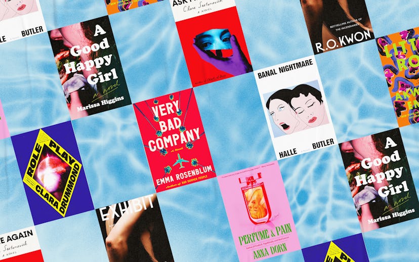 A collage of various colorful book covers scattered on a checkered blue background.
