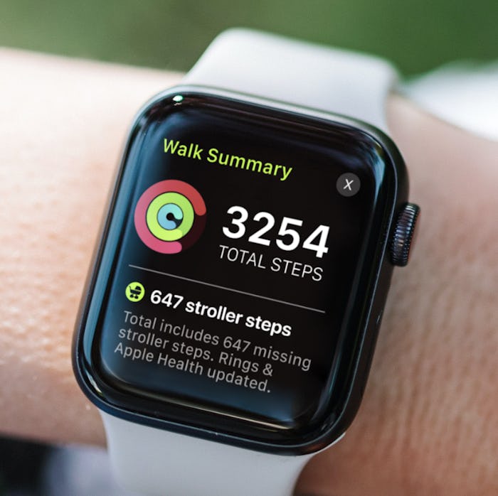 Apple Watch screen displaying how many steps the wearer took on a stroller walk using Stroller Steps...