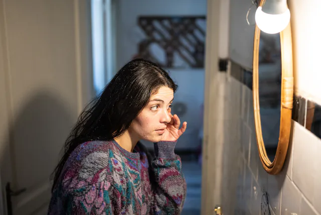 A woman looks in the mirror.