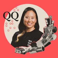 A smiling woman surrounded by vintage microphones and cassette tapes, set against a vibrant red back...