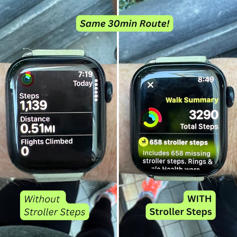 Side-by-side of Apple Watch steps tracker compared to Stroller Steps' tracker.