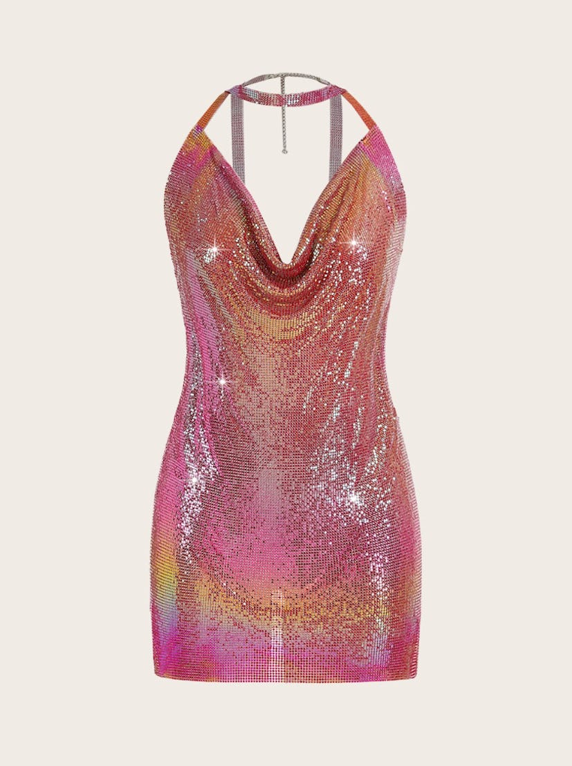 Solid Color Holographic Sexy Metallic Aluminum Foil Spaghetti Strap Backless Bodycon Dress