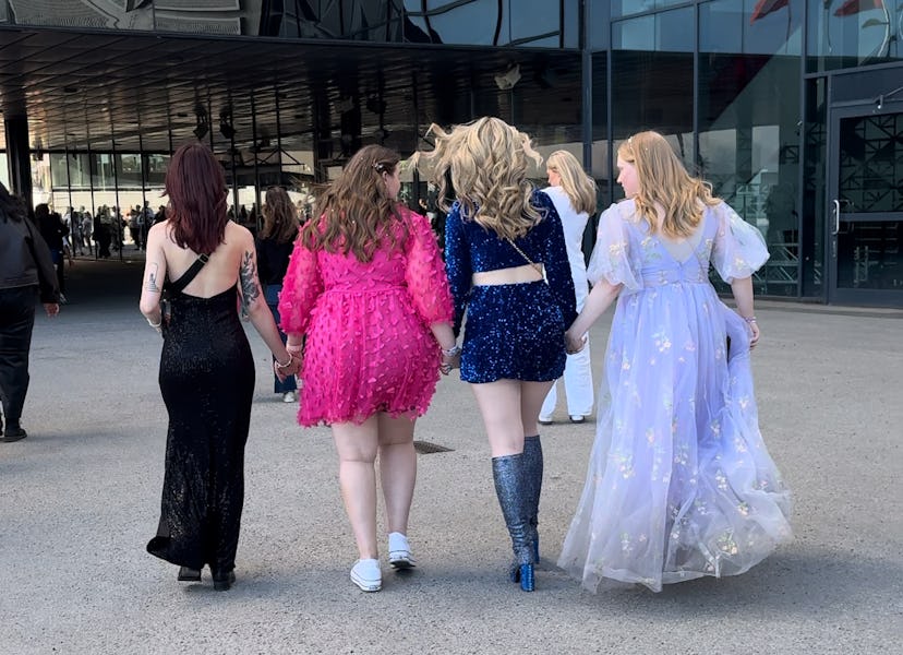 Concert goers dressed as different Taylor Swift eras arrive for the Stockholm show