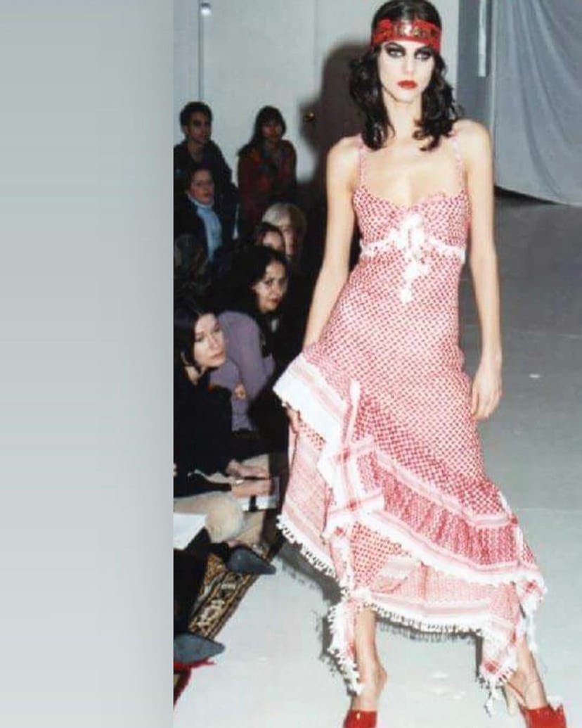 The Keffiyeh dress on Michael and Hushi's runway in February 2001.