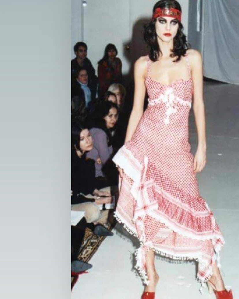 The Keffiyeh dress on Michael and Hushi’s runway in February 2001.