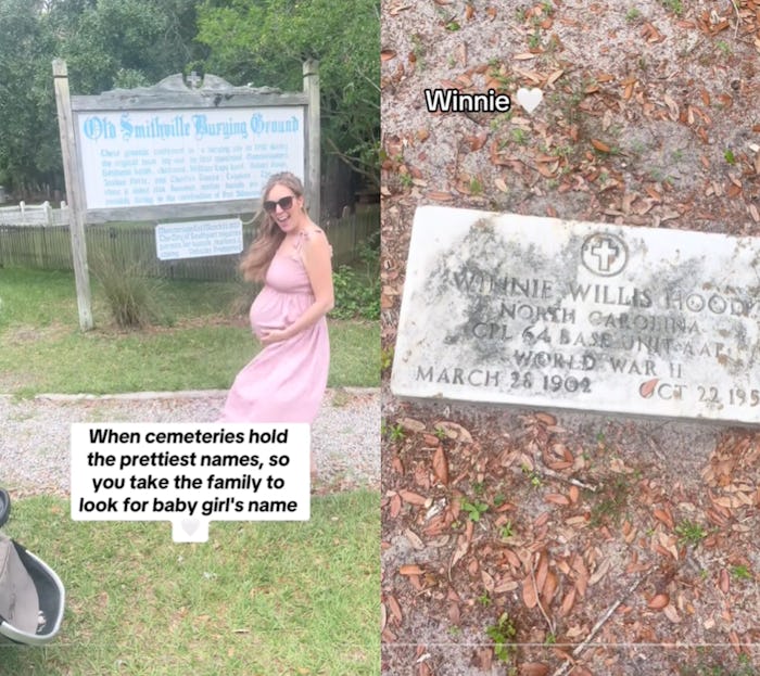 Tik Tok screenshots of a mom visiting a graveyard to find names for her daughter.