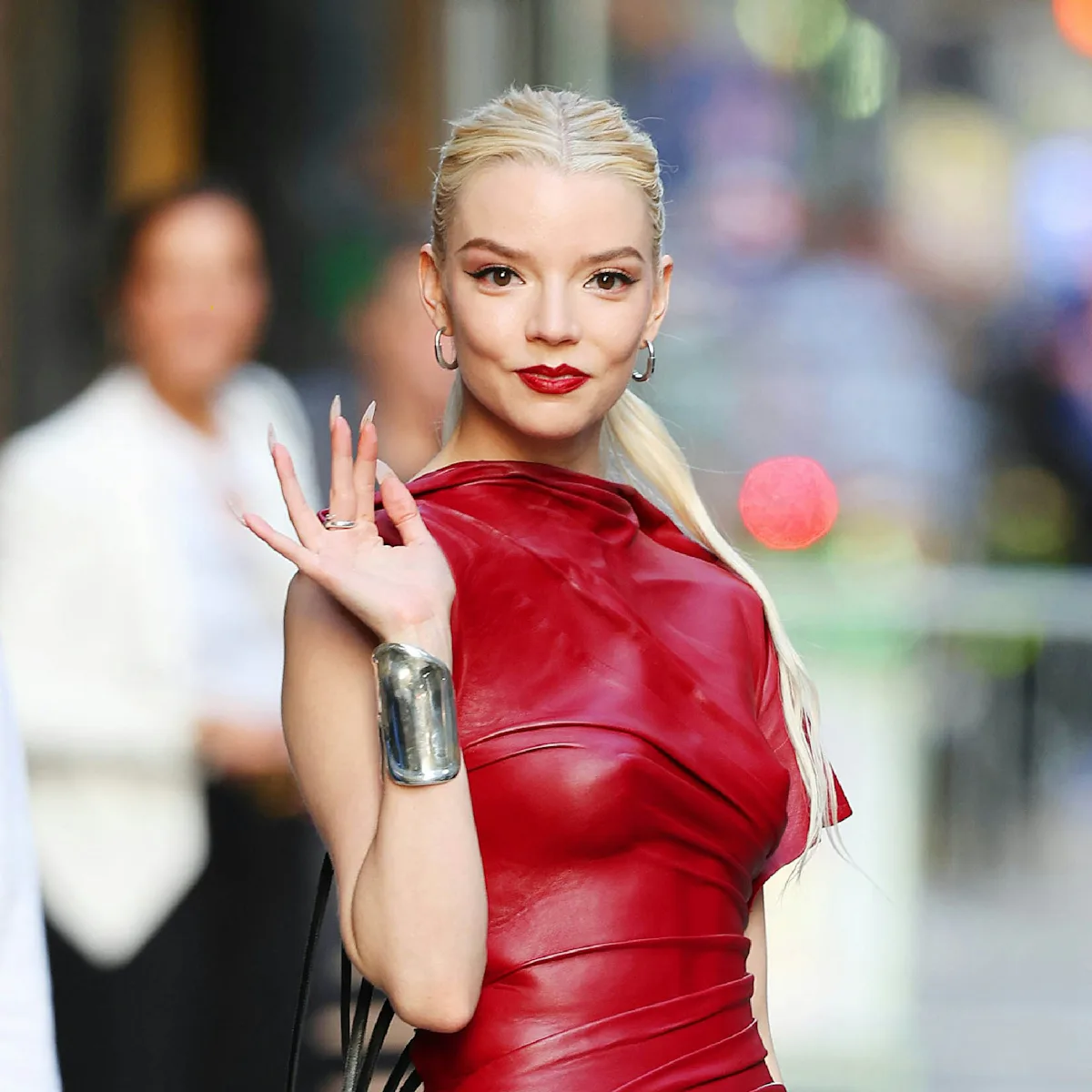 anya taylor-joy red leather dress Anya Taylor-Joy Dons Edgy Mugler Red Dress on Colbert's 'Late Show'