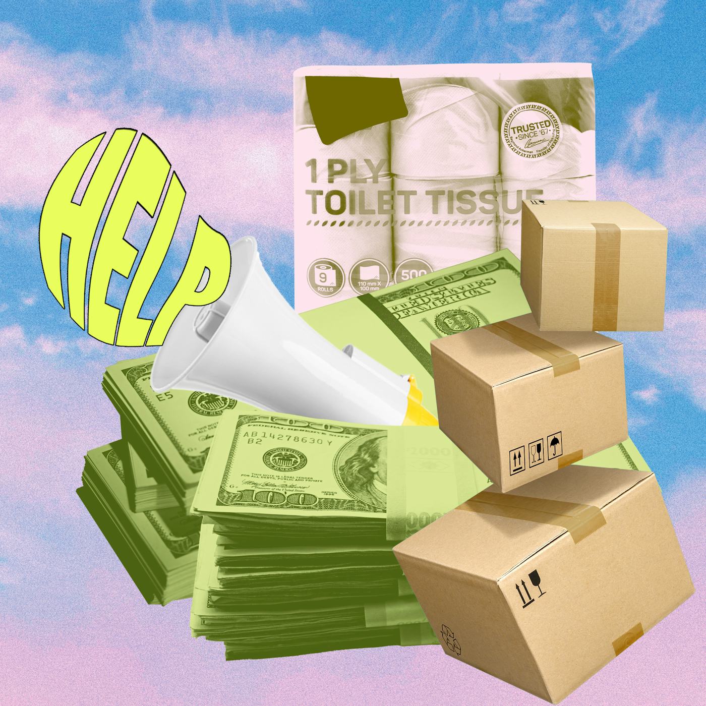 A collage with money, cardboard boxes, toilet paper, and a megaphone, overlayed by a large "HELP" in stylized text.