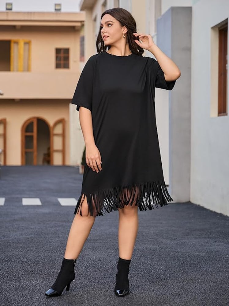 OYOANGLE Fringe Hem T-Shirt Dress