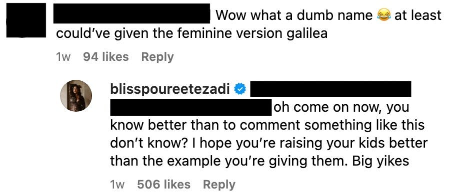 Bliss and Zack from 'Love Is Blind' defended naming their daughter Galileo.