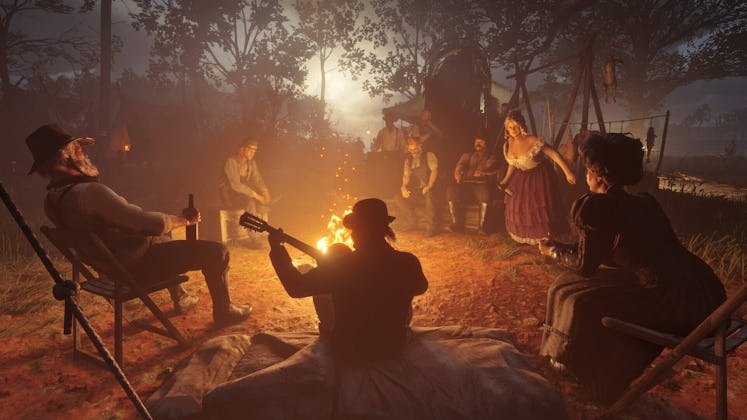 Screenshot of a campfire scene from Red Dead Redemption 2