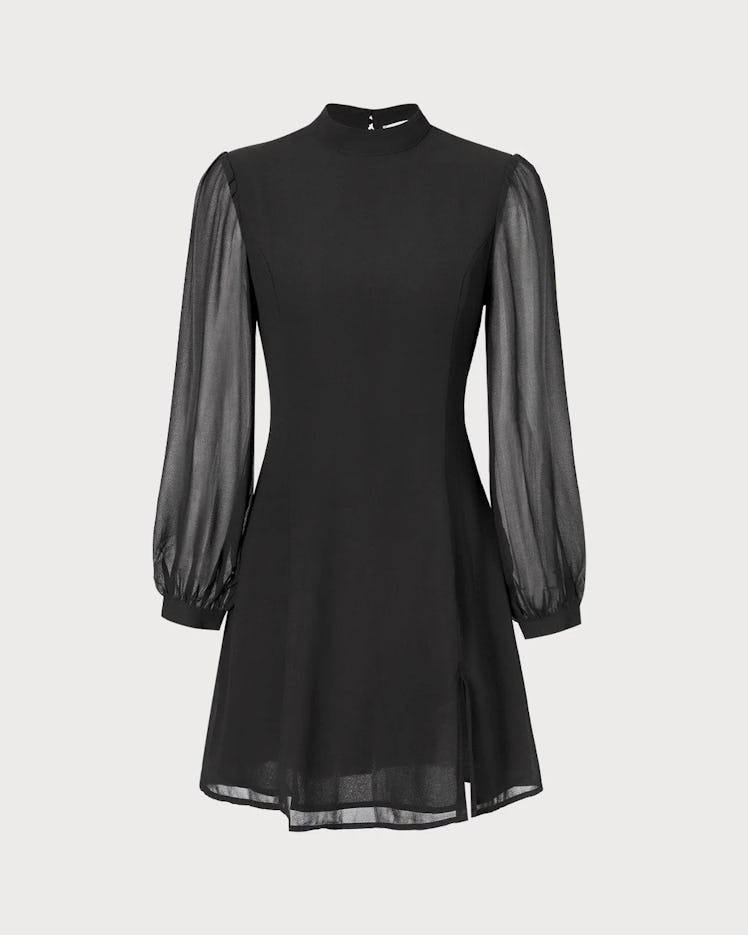 Black Stand Collar Sheer Slit Mini Dress