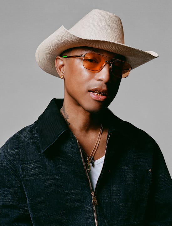 Pharrell wears Louis Vuitton Men’s clothing, hat, and sunglasses (throughout); Tiffany & Co. jewelry...