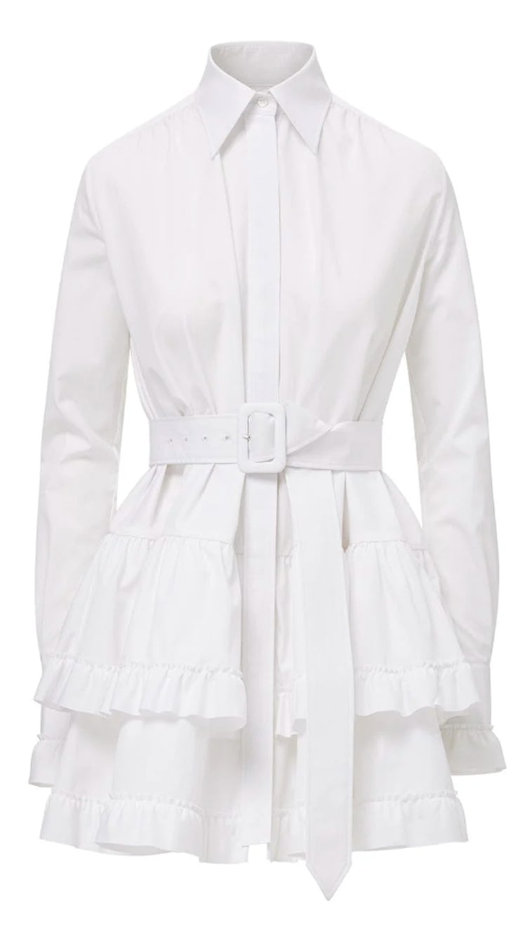 white shirt dress with ruffle hem