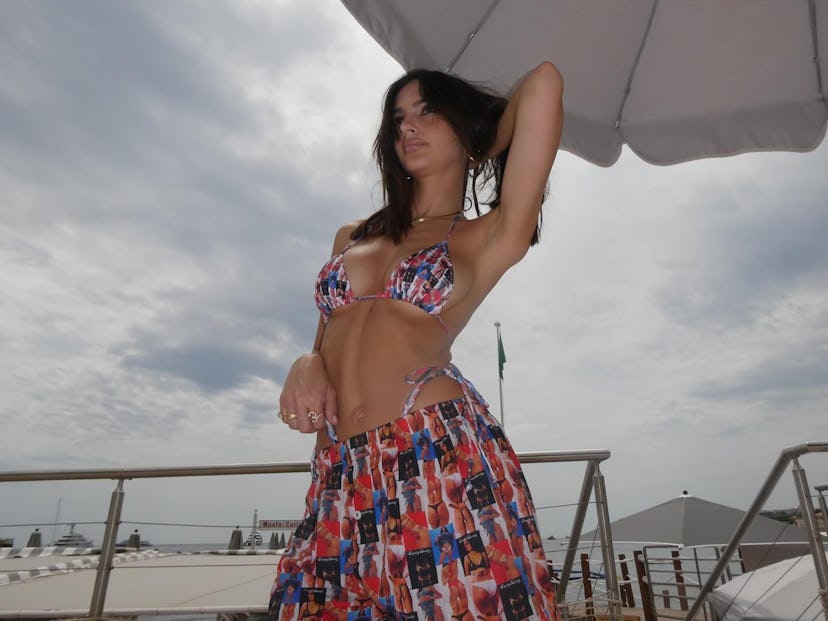 Emily Ratajkowski wore a bikini and butt printed bikini while in Monaco for the Grand Prix race. 