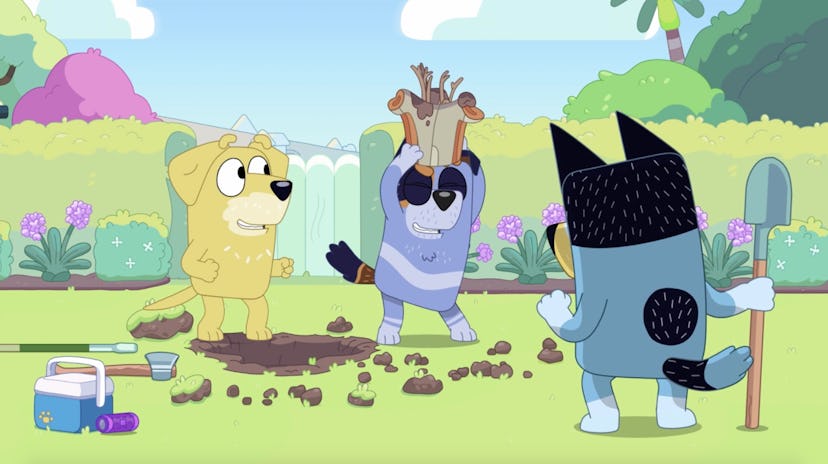 Pat, Stripe, and Bandit celebrate the removal of a stump in "Stumpfest."