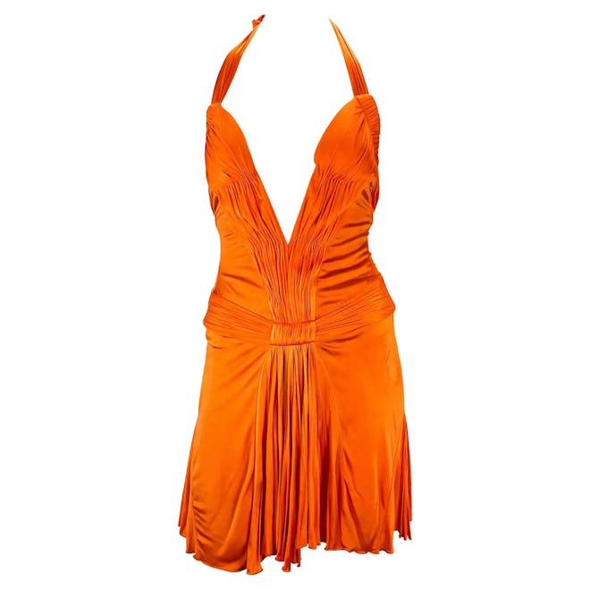 S/S 2005 Roberto Cavalli S/S 2005 Roberto Cavalli Plunging Orange Corseted Backless Viscose Mini Dre…