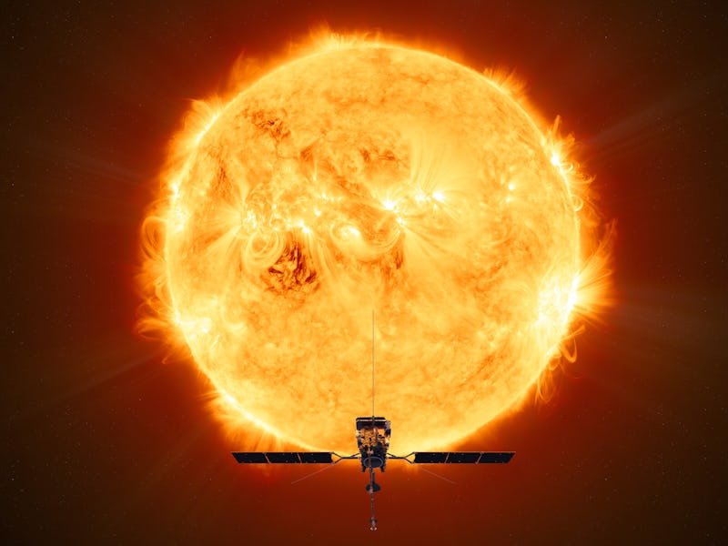 A satellite orbits close to an intensely glowing sun, featuring dynamic solar flares and surface act...