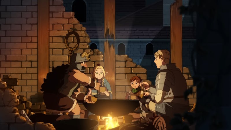 Delicious in Dungeon characters sharing a meal. 