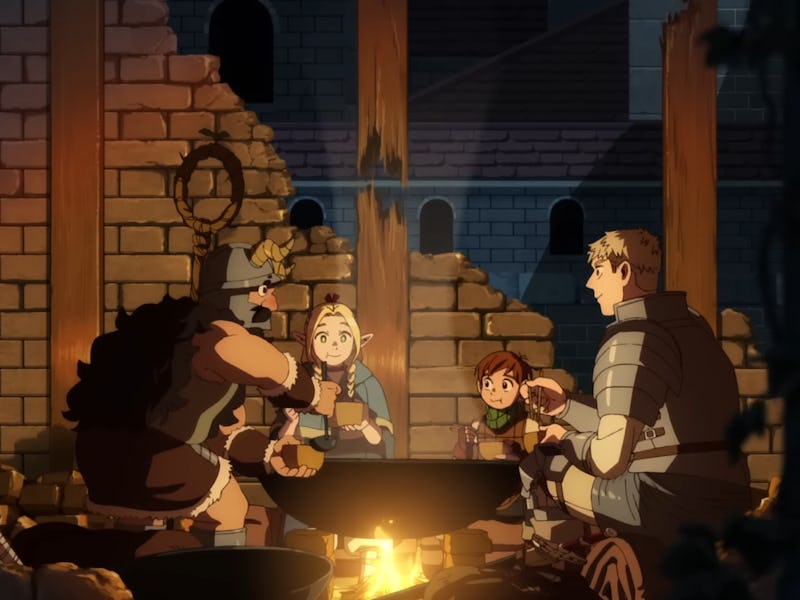 Delicious in Dungeon characters sharing a meal.