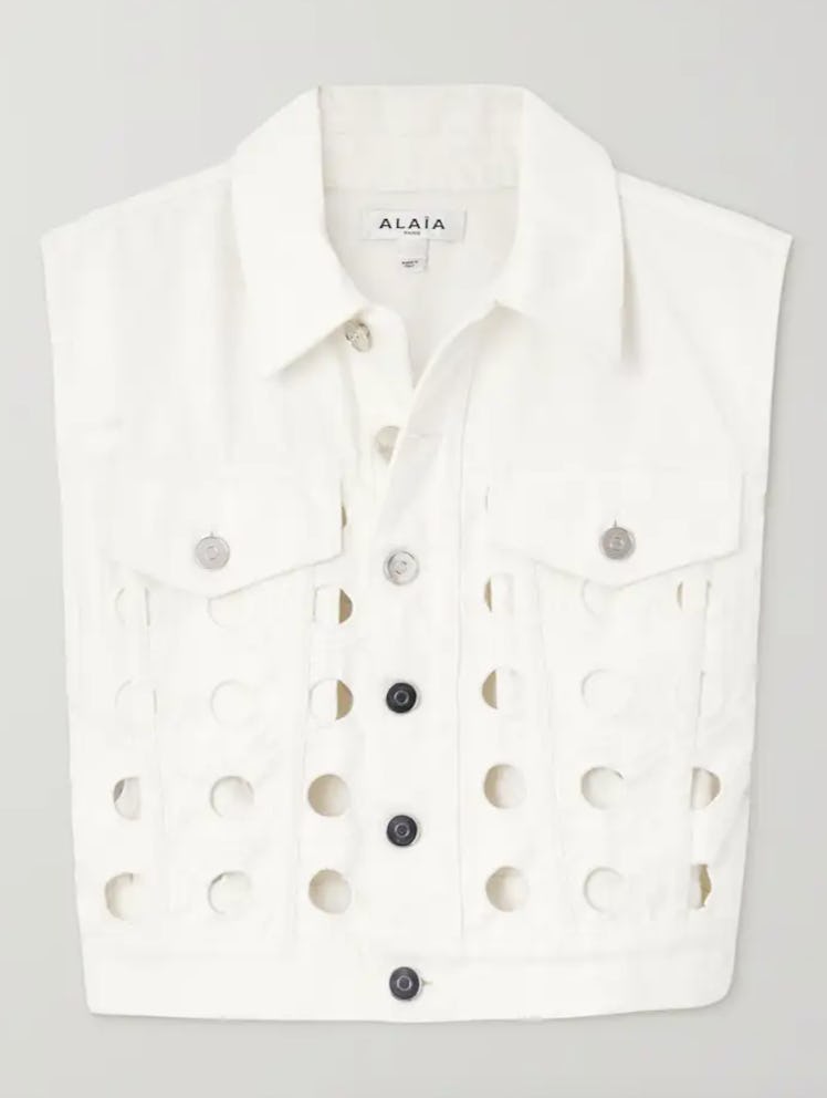 white cutout denim vest