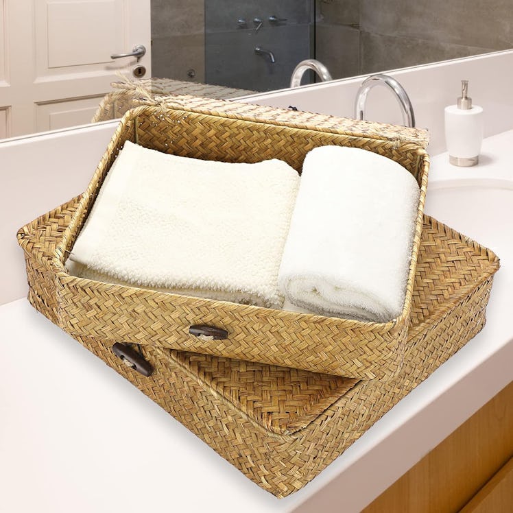 Hipiwe Flat Woven Wicker Storage Bins (Set of 2)
