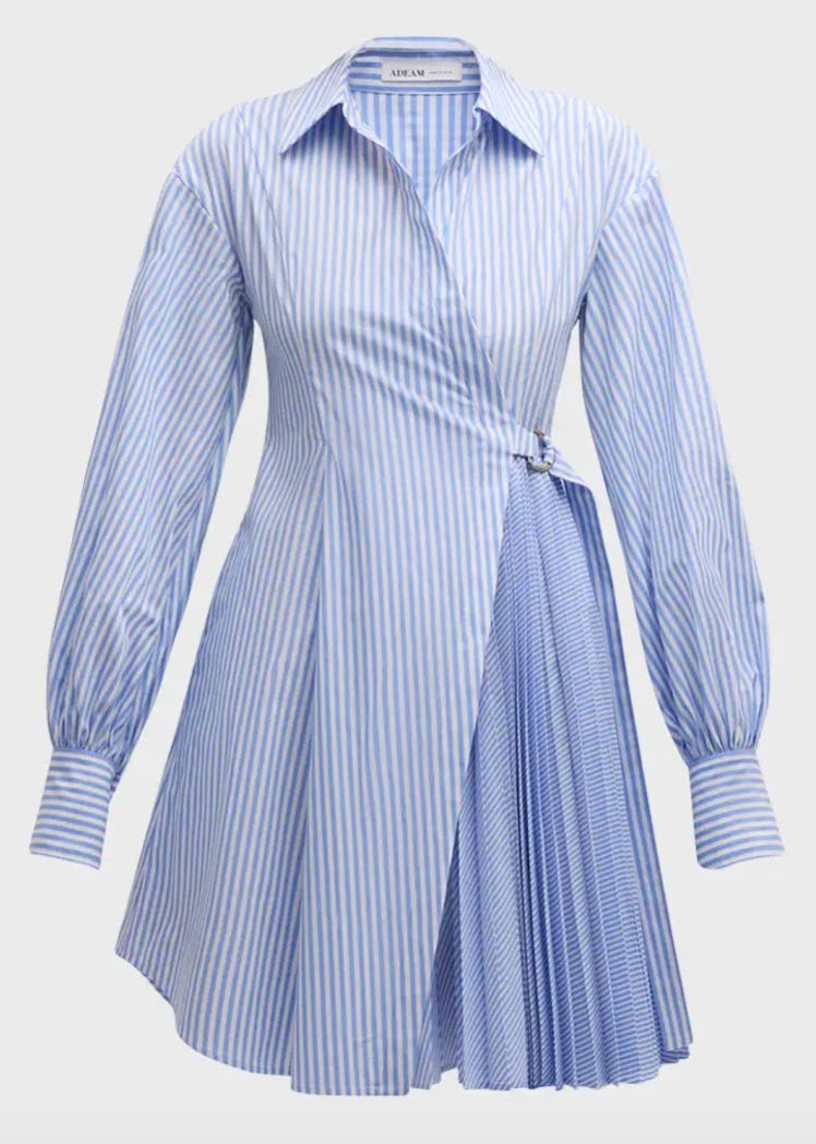 blue pleated wrap shirt dress