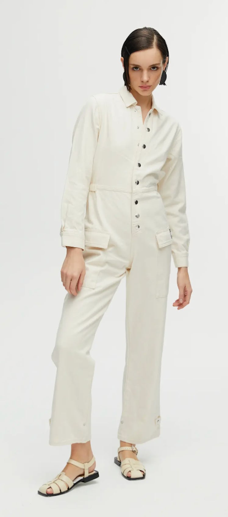 white button-down denim jumpsuit