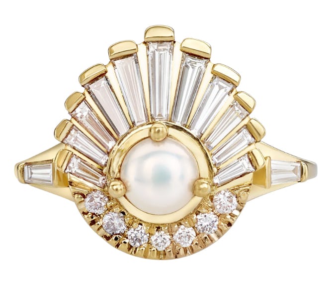 Diamond and Pearl Engagement Ring - Baguette Diamond Shell Ring