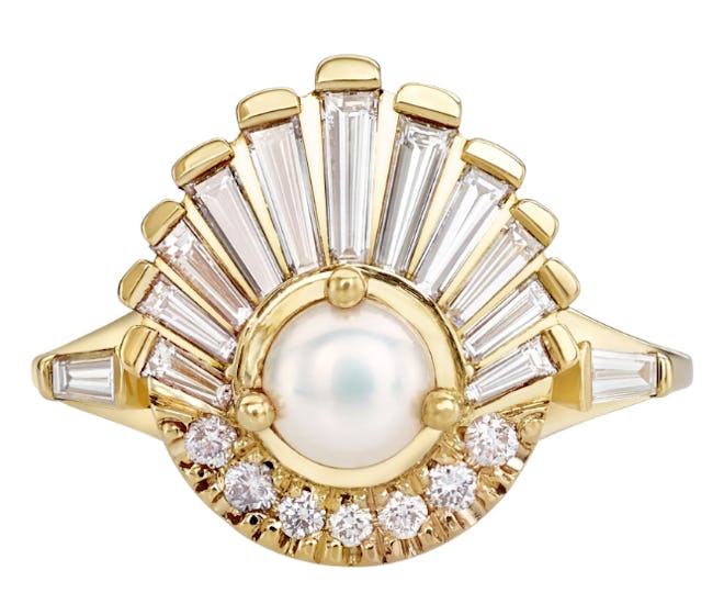 Diamond and Pearl Engagement Ring - Baguette Diamond Shell Ring