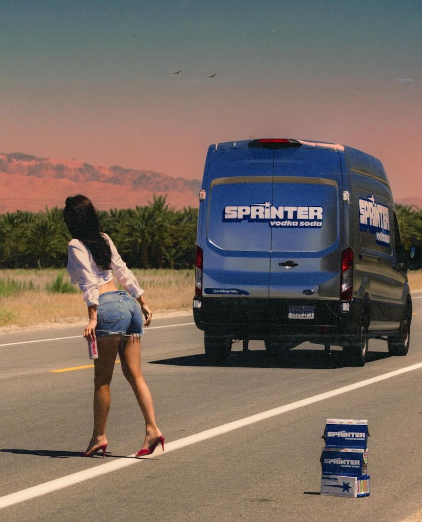 Kylie Jenner stars in a new summer campaign for her canned vodka seltzer brand Sprinter wearing outf...