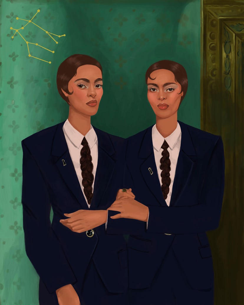twins in matching suits with braided hair as ties