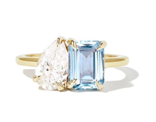Aquamarine &amp; Pear Diamond Toi et Moi Ring