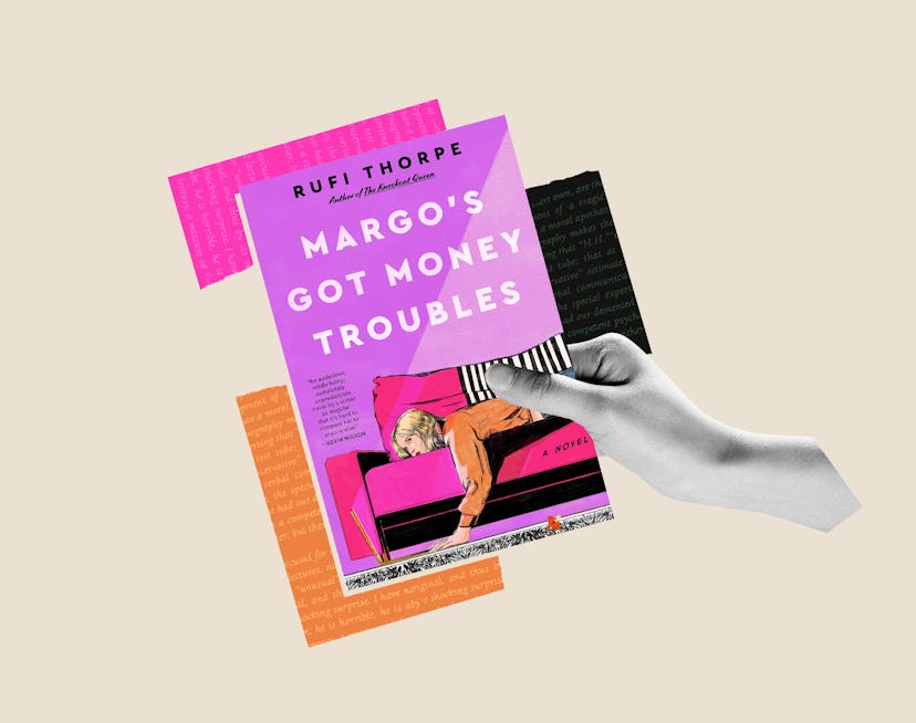 An illustration of a hand holding the cover of 'Margo's Got Money Troubles' by Rufi Thorpe.