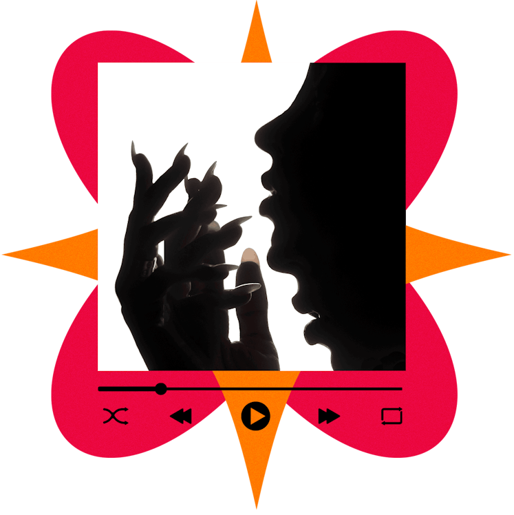 Silhouette of a person touching their face with their hands, framed inside a stylized video player o...